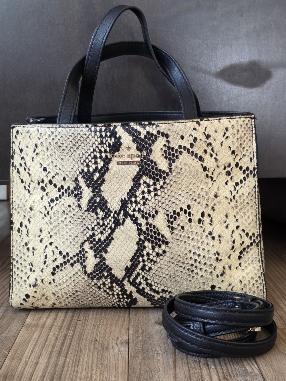 kate spade Snake Embossed Leather Tote in Beige & Black